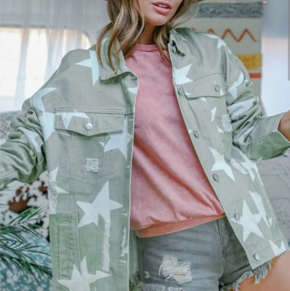 Distressed Star Print Denim Jacket - Picture 4 of 5